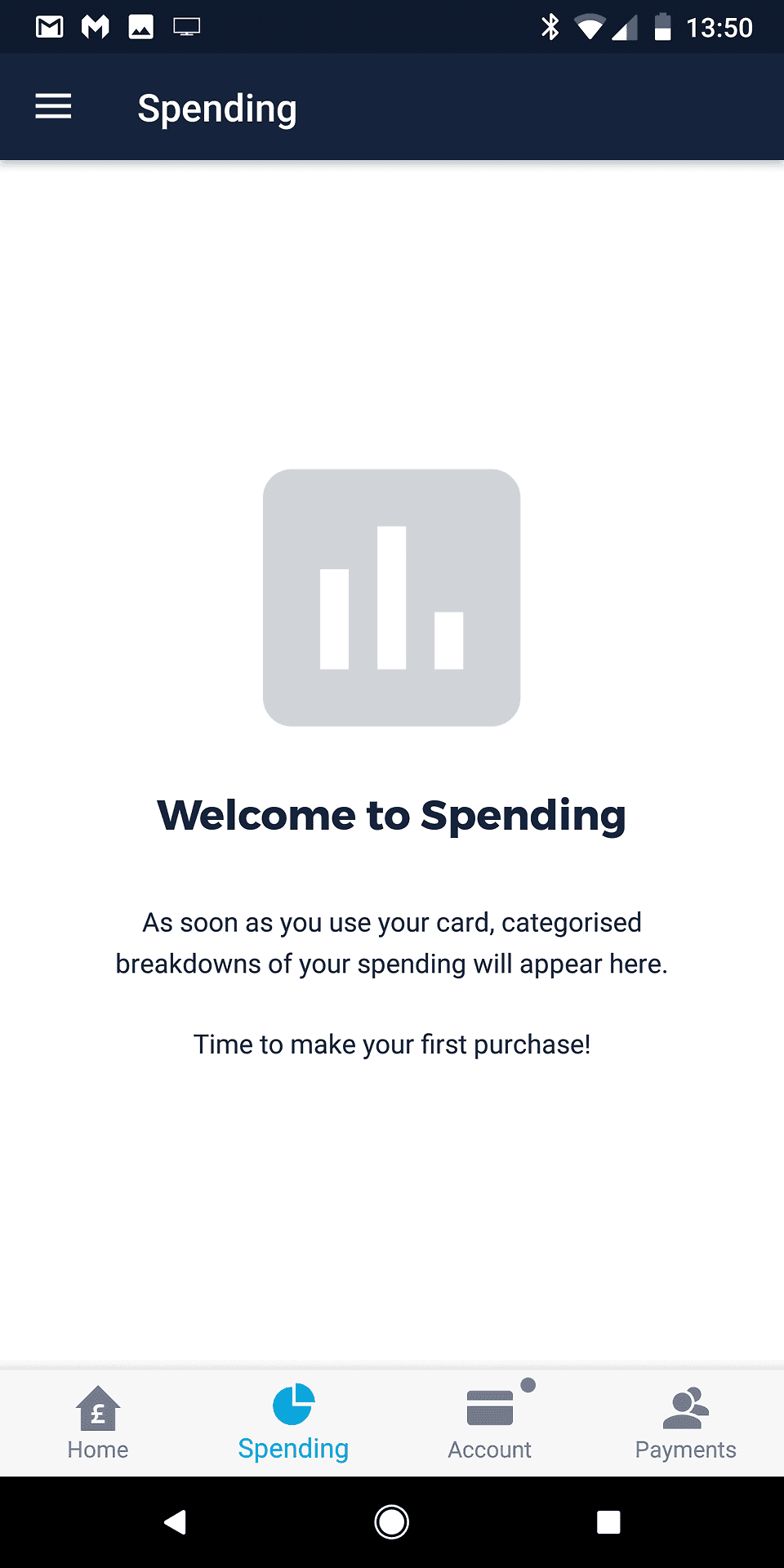 Screenshot of No card usage in Monzo for Android