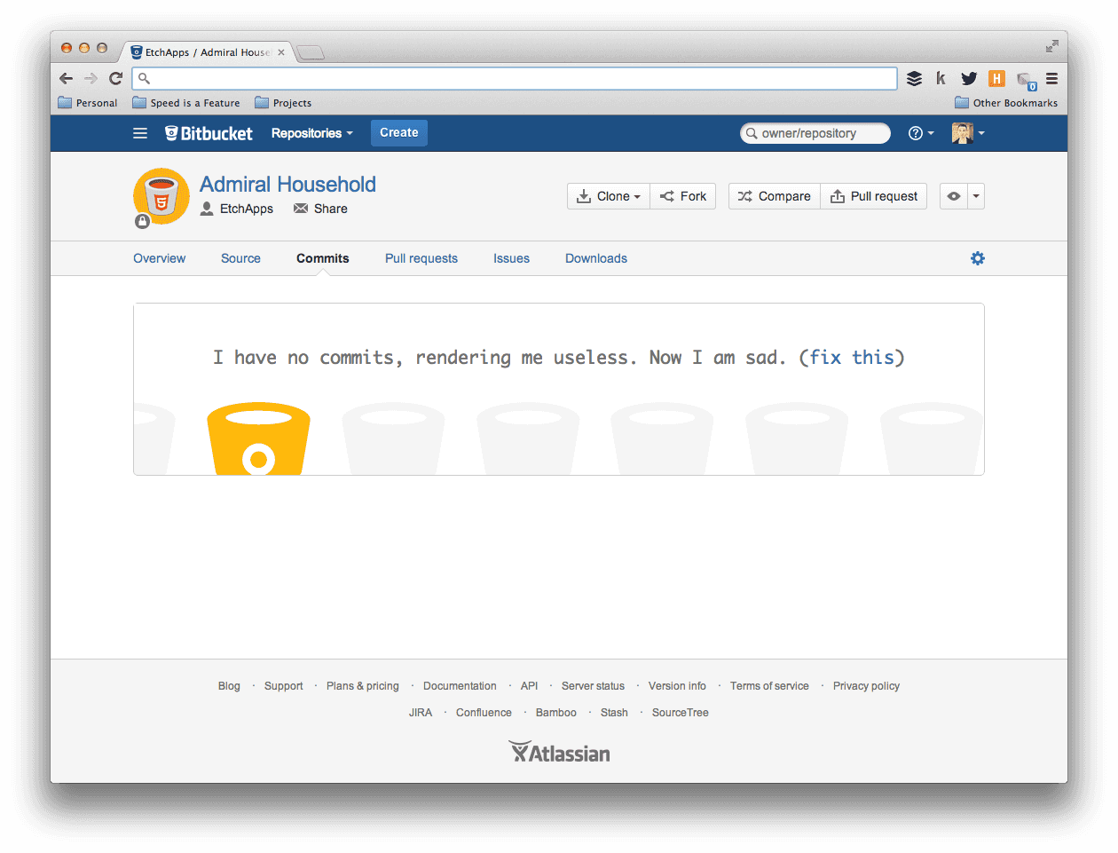Screenshot of No commits in Bitbucket