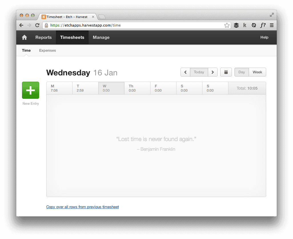 Screenshot of No timesheets in Harvest 
