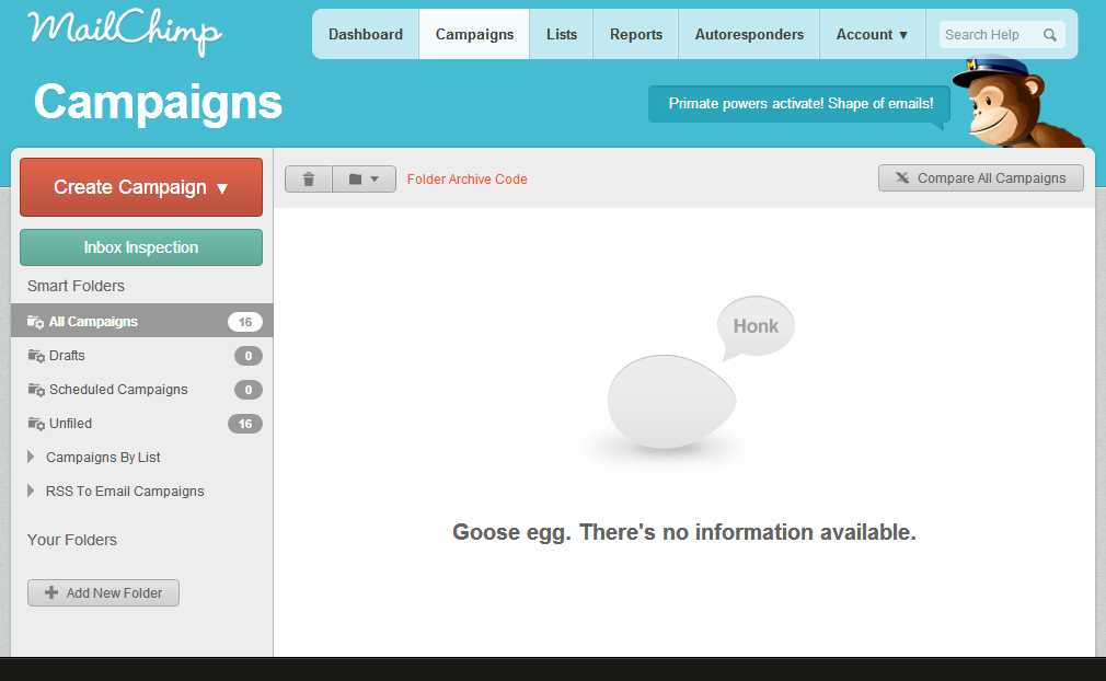 Screenshot of No campaigns in Mailchimp
