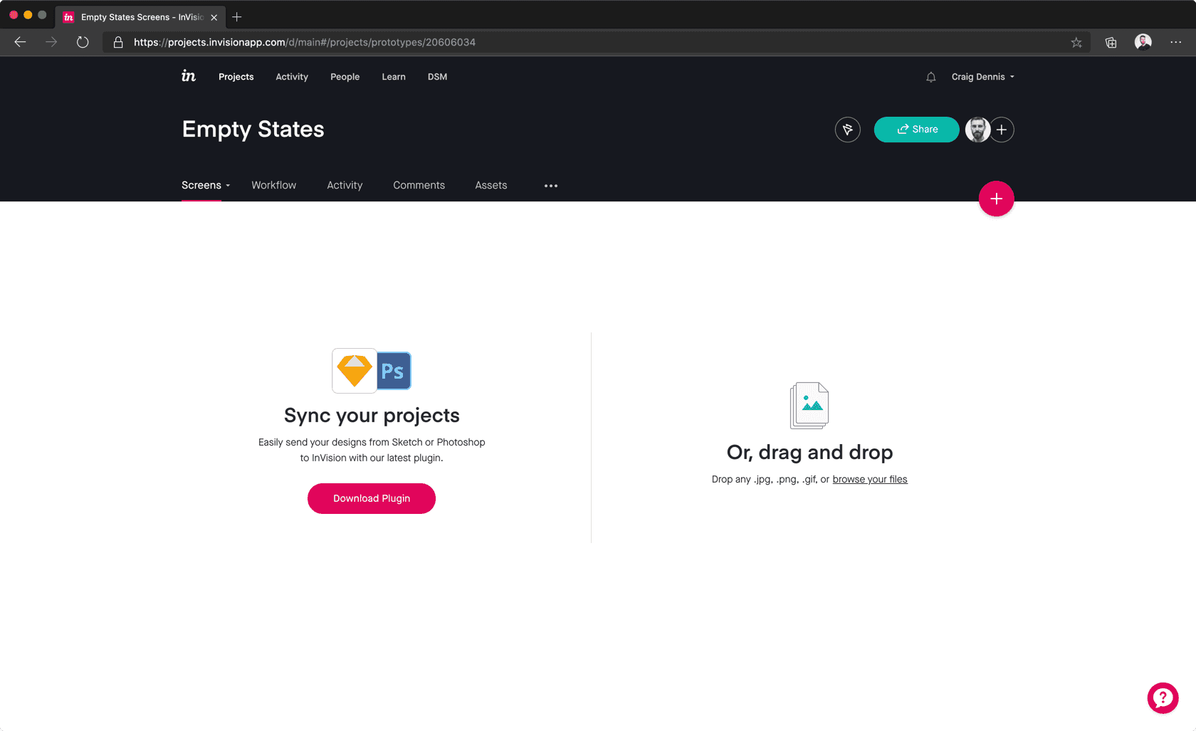 Screenshot of Sync projects or drag and drop designs to InVision