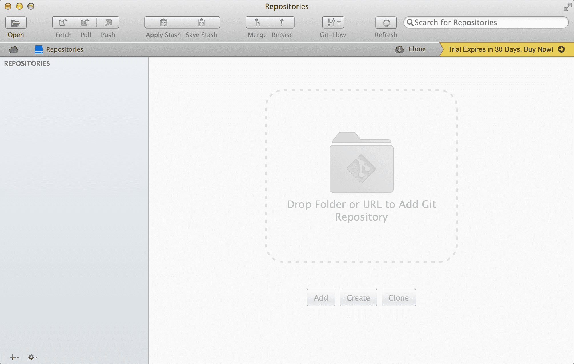 Screenshot of No repositories in Tower 2 for Mac
