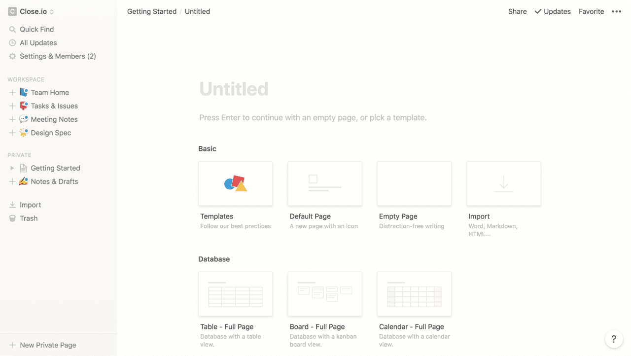 Screenshot of New page in Notion