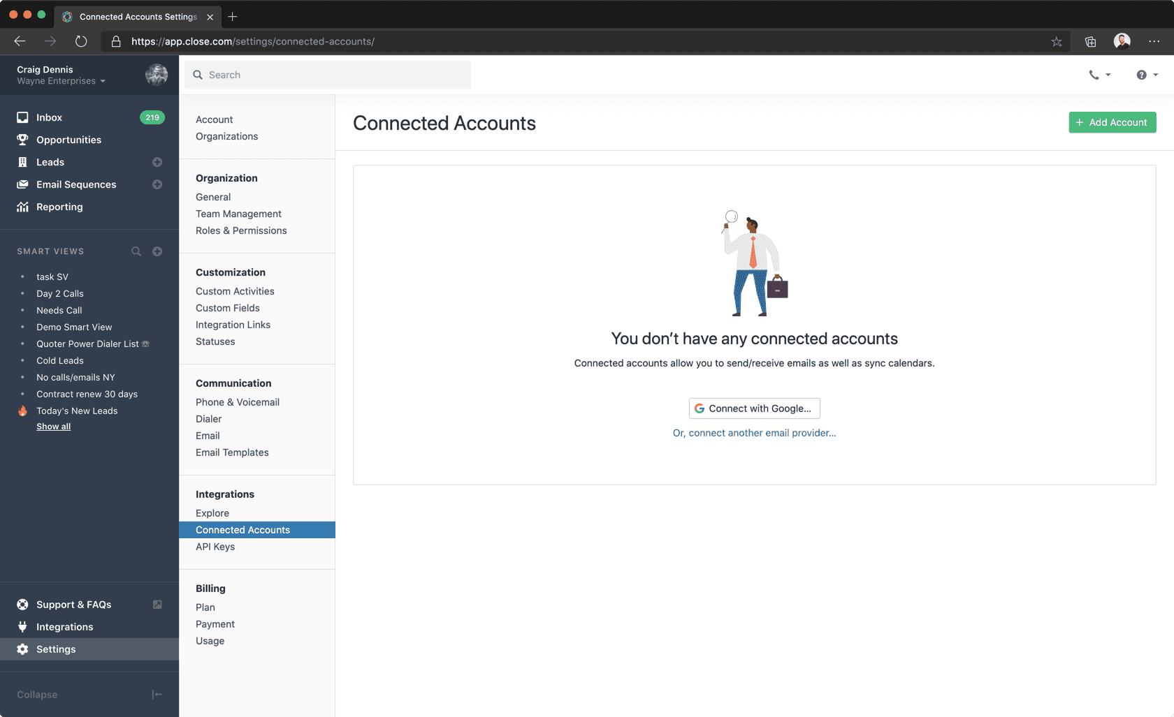 Screenshot of No Connected Accounts in Close
