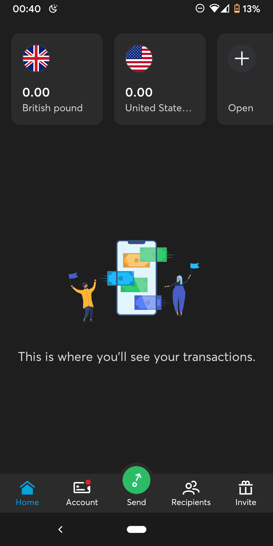 Screenshot of No transactions in TransferWise for Android