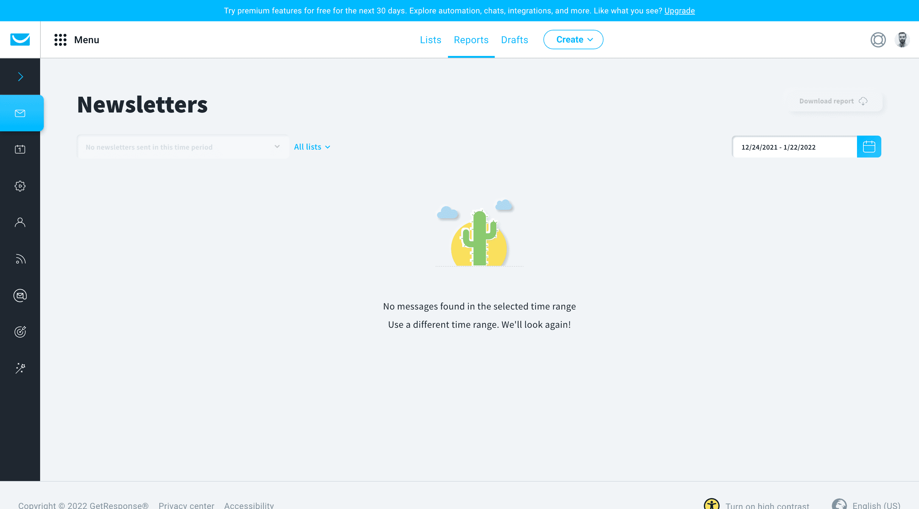 Screenshot of No newsletters in Get Response