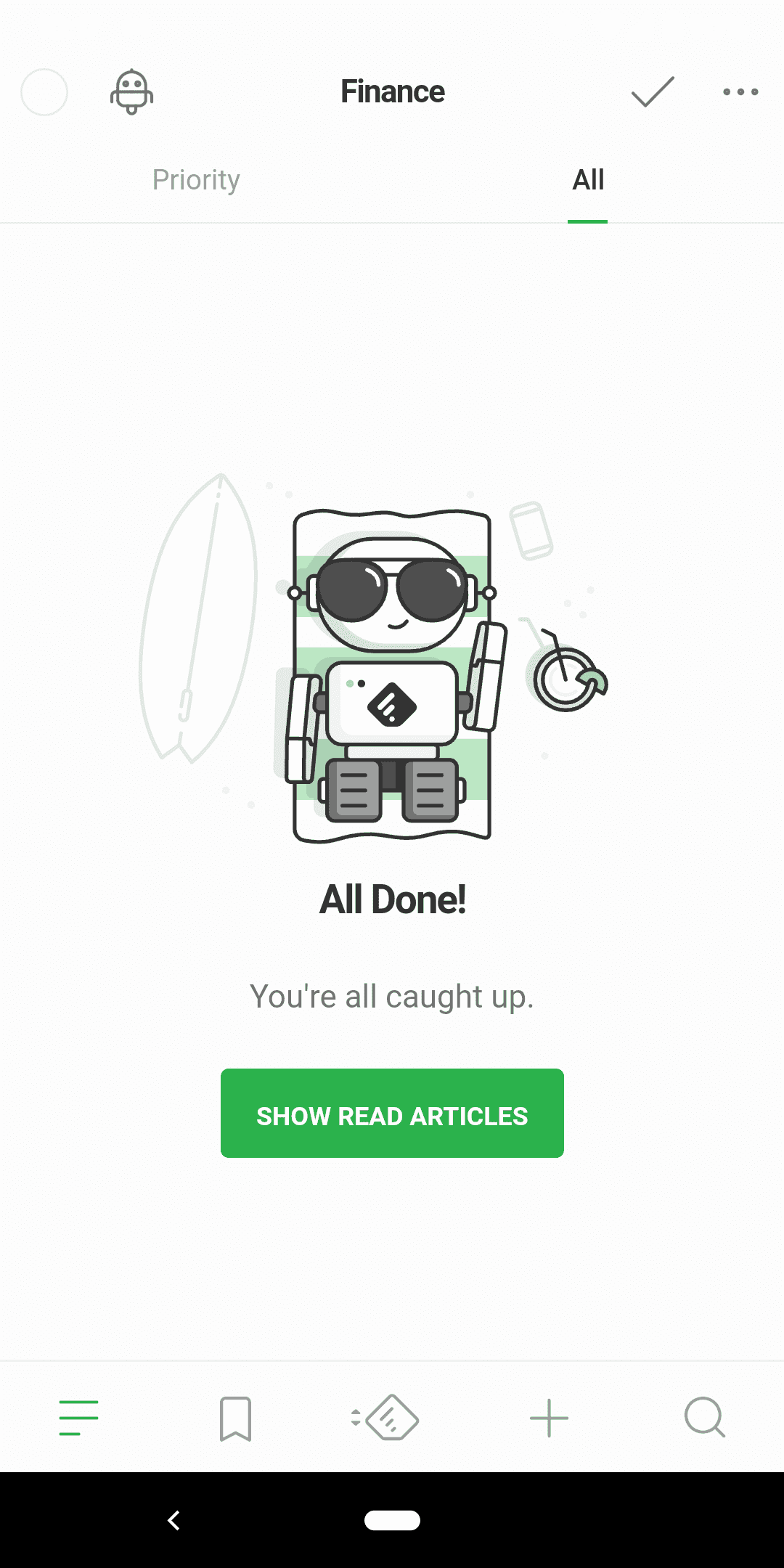 Screenshot of All posts read in Feedly for Android