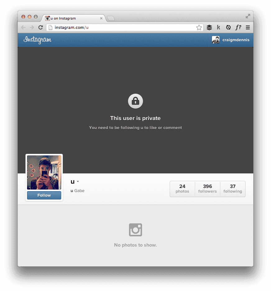 Screenshot of User is private in Instagram website