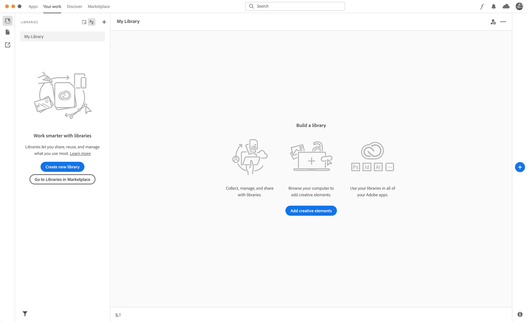 Screenshot of Nothing in your Adobe Creative Cloud library
