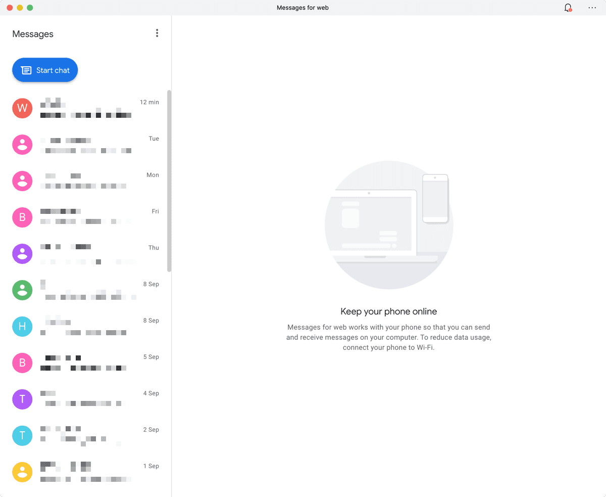 Screenshot of No selected message in Android Messages for Web